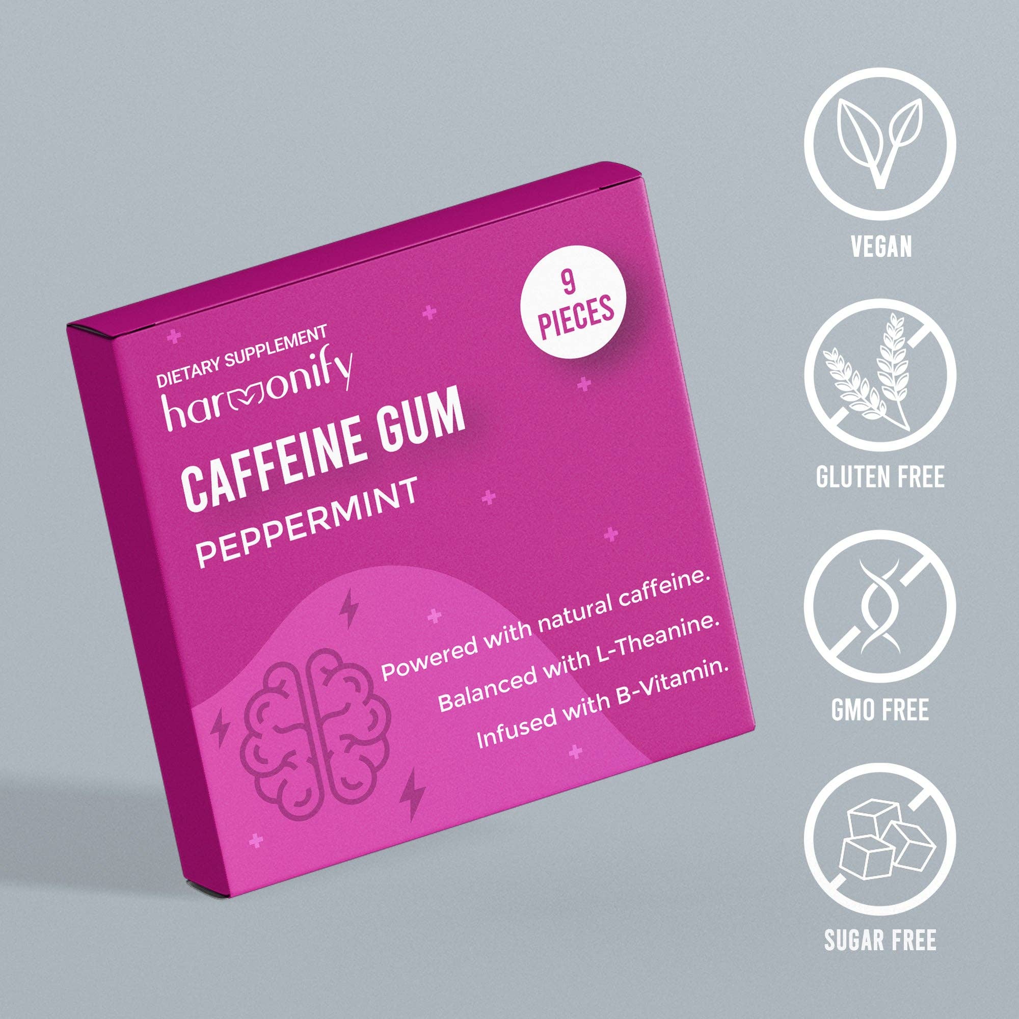 HARMONIFY Energy & Focus Gum (54 Pieces) – Sugar-Free with L-Theanine, Natural Caffeine, and Vitamins B12 & B6 – Focus & Mental Clarity – Keto & Vegan, Peppermint Flavor